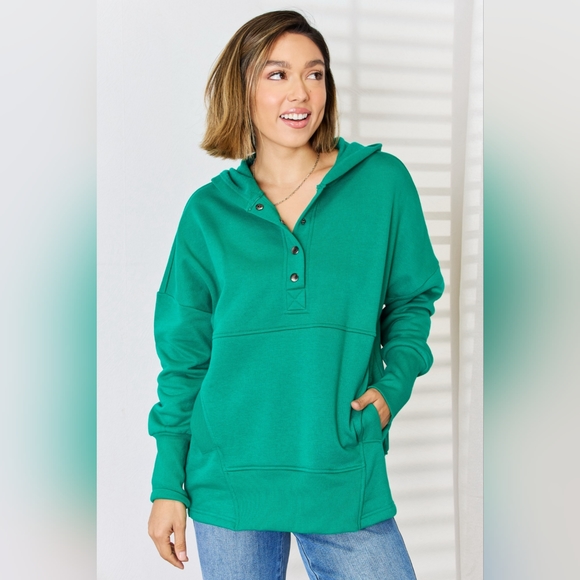 Zenana Half Snap Long Sleeve Hoodie - Picture 1 of 6